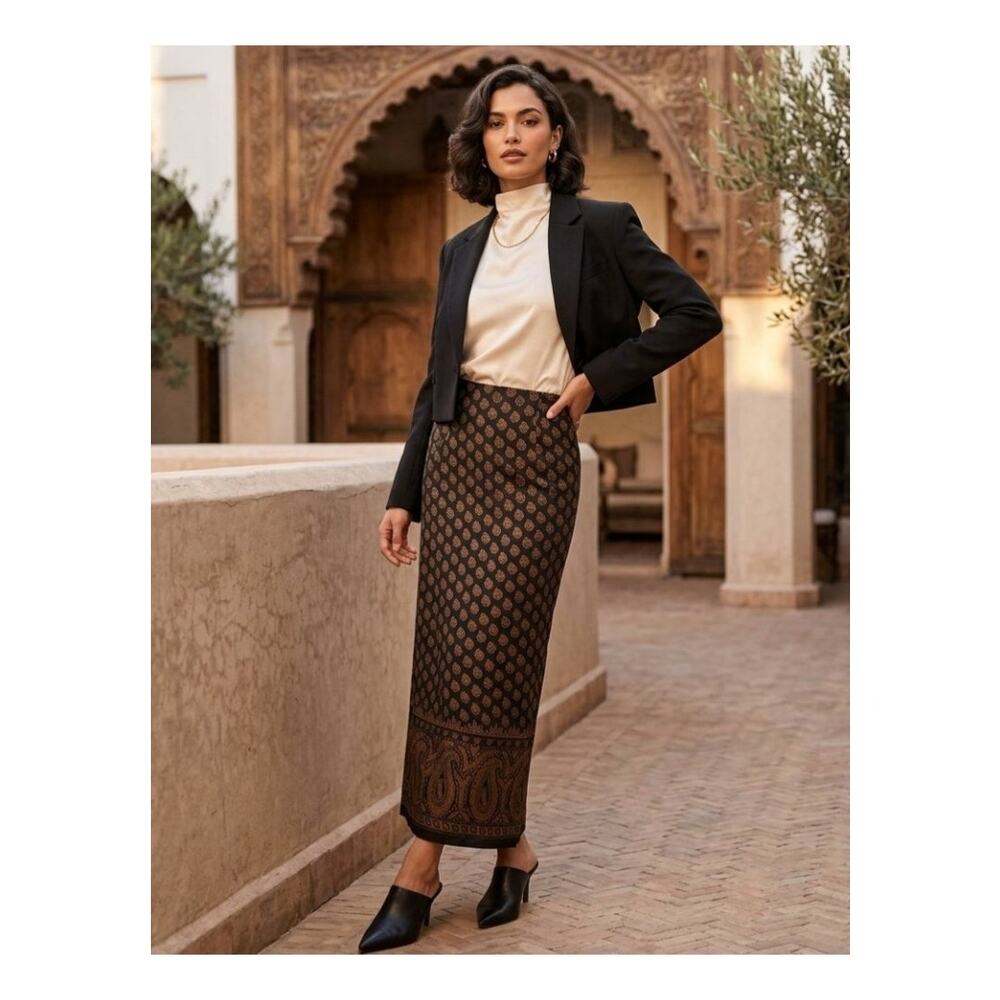 Briggs New York Brown Gold Maxi Skirt Sz 12 VTG 90s Office Siren Preppy Retro